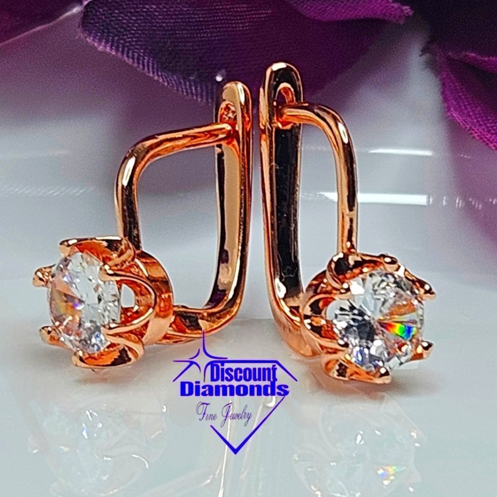 Round White Diamond Huggie Earrings 14K Rose Gold On 925 Silver - Picture 4 of 8